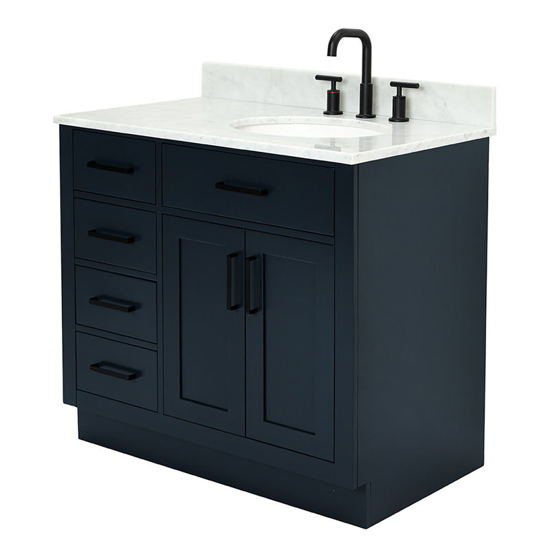 Jameal 36'' Solid Wood Single Bathroom Vanity with 0.75'' Carrara Marble Top, Right Offset Oval Sink, Right, Midnight Blue