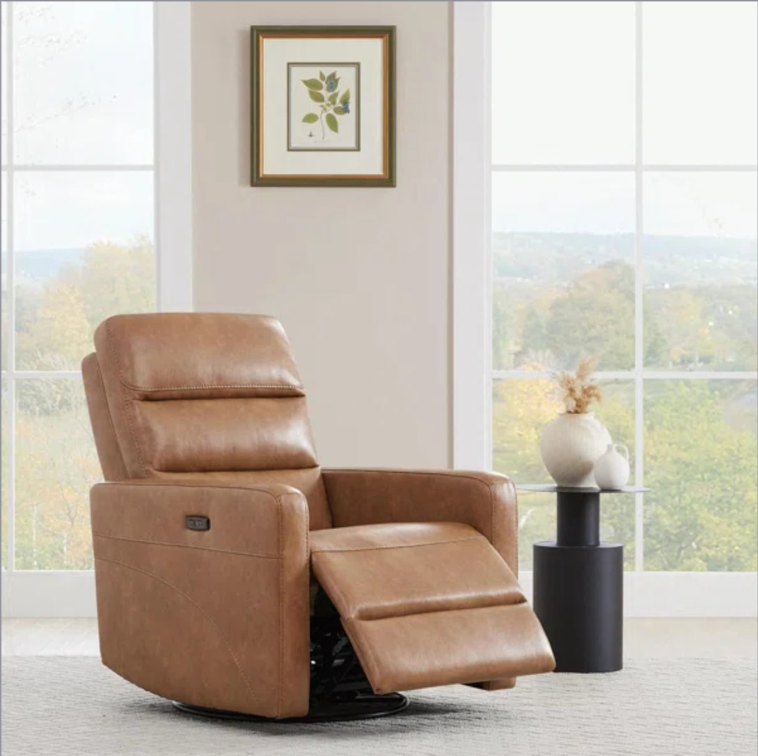 Mila 33" Genuine Leather Swivel Power Recliner, Brown