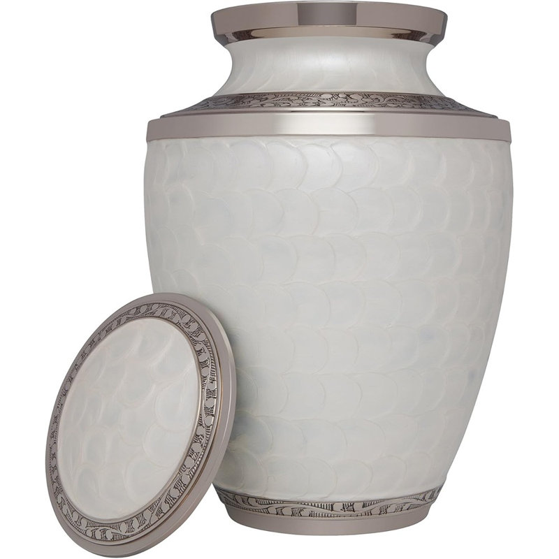 White Funeral Urn Cremation Urn For Human Ashes - Hand Made In Brass - Suitable For Cemetery Burial Or Niche- Large Size Fits Remains Of Adults Up To 200 Lbs- Petals White Model