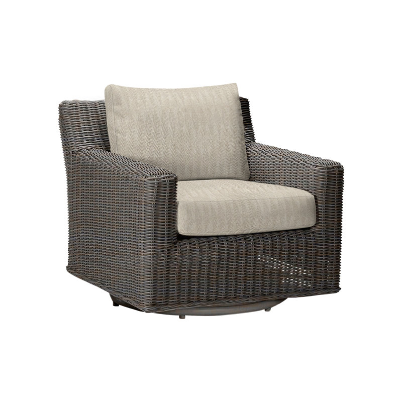 Rustic Swivel Patio Chair with Cushions, No Welt, Herringbone Sand, Black Walnut