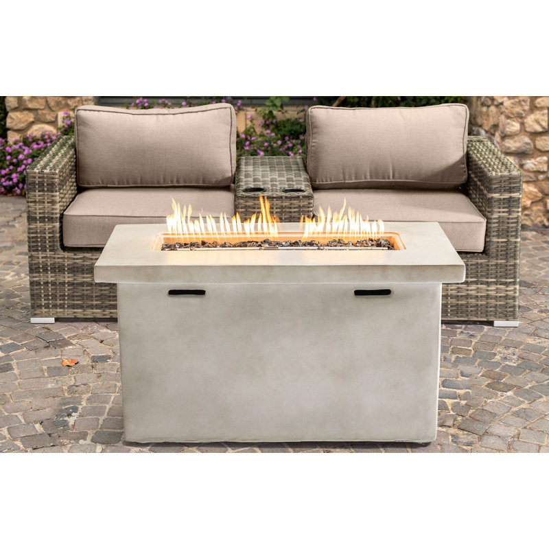 LSI Fully Assembled 2 Person Seating Group With Sunbrella Cushions And Rectangle Concrete Firepit, Sunbrella Beige 