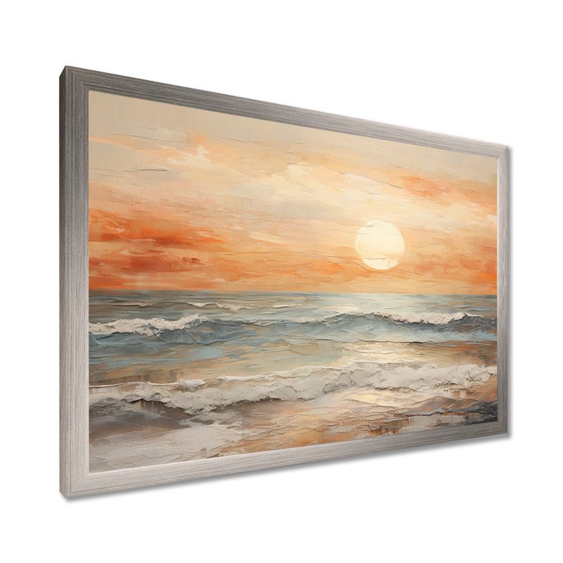 Art sur toile, coucher de soleil sur la plage, H 12 po x l 20 po x P 1 po, Cadre argenté