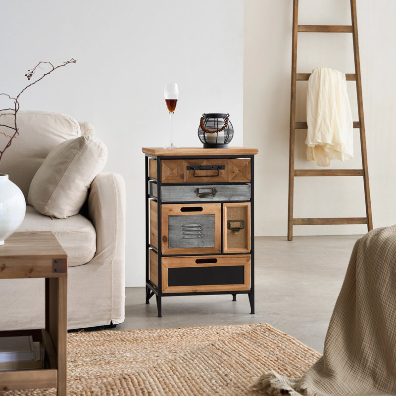 Rustic Industrial 5-Drawer Accent Cabinet, Solid Wood Storage Chest with Metal Frame, Multi-Use End Table & Nightstand for Living Room, Bedroom, Entryway