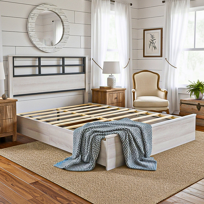 Liora Grace Modern Farmhouse Platform Bed Frame with Windowpane Headboard, 800lb Capacity, and Wood Slat Support (No Box Spring Required)