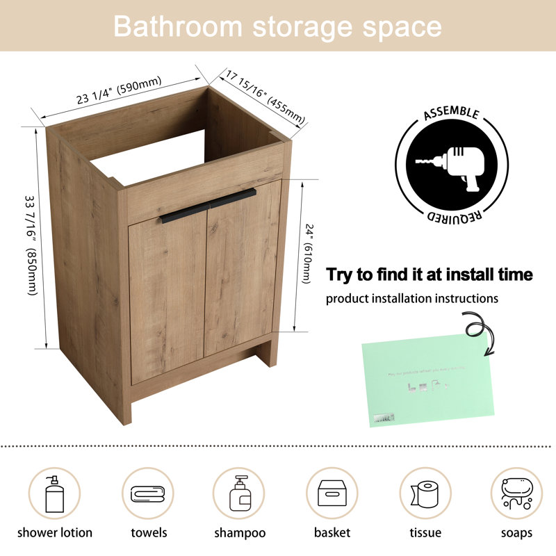 24" Freestanding Bathroom Only Vanity without Top, 24