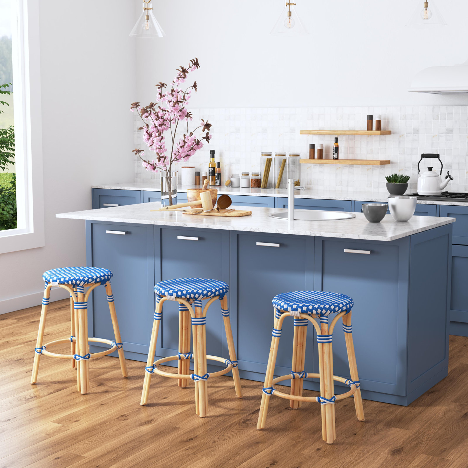 Alastair Bar & Counter Stool, Counter Stool (24" Seat Height), Blue/White Dot/Natural Rattan Frame