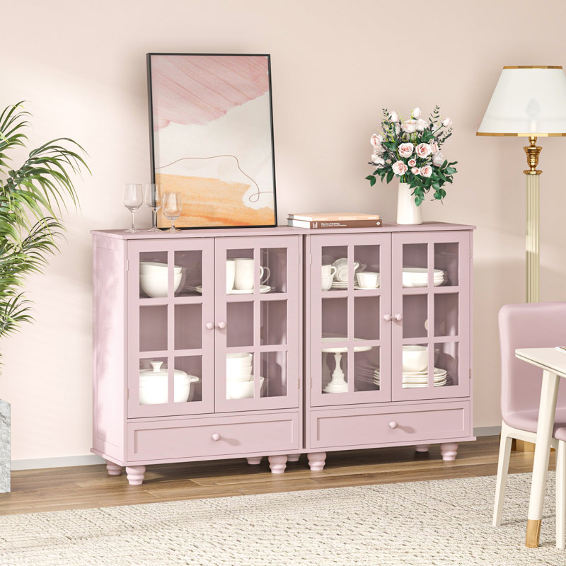 31.5" Pink Pantry Cabinet with Glass Doors, Drawer & Adjustable Shelves, Small Coffee Bar and Buffet Storage Cabinet , Pink