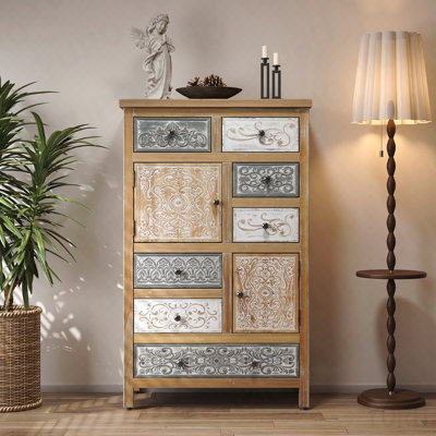 Grande commode vintage rétro en bois avec 6 tiroirs et 2 portes, coffre de rangement rustique multicolore sculpté pour le salon, la chambre à coucher, la salle de bain, décor de style maison de campagne (L 27,76 po x l 14,37 po x H 47,44 po)