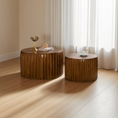 Fluted Round Coffee Table - Solid Wood & MDF Nesting Center Table (26.77"/19.69"), Mid-Century Modern Wood Coffee Table
