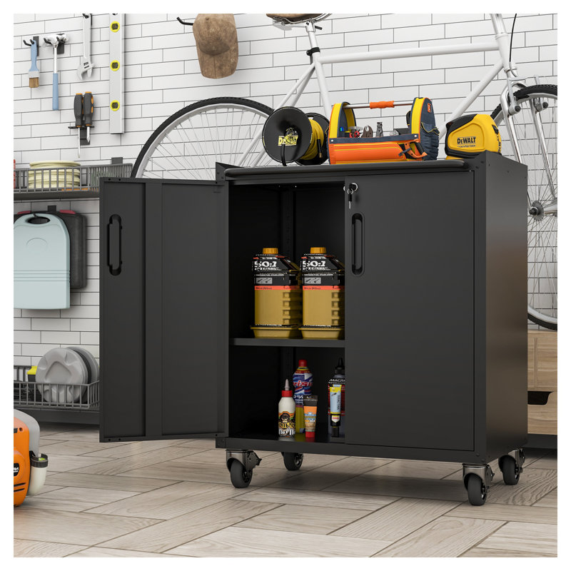 Heavy-Duty Metal Garage Storage Cabinet with Lockable Wheels - Sturdy Steel Tool Storage Cabinet with Adjustable Shelves for Garage, Office, and Home Organization