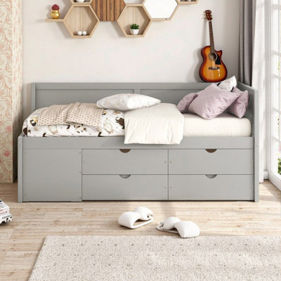 Twin Size Solid Wood Frame Storage Daybed With Drawers And Shelves Space-Saving Design