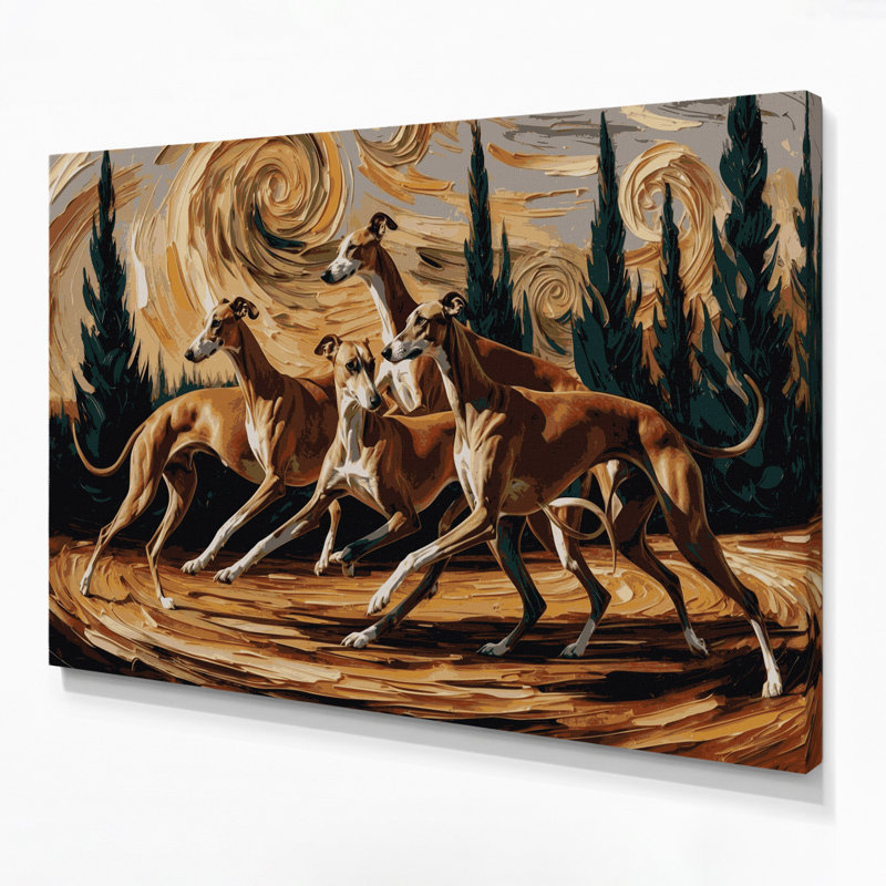 Chiens, lévrier italien, art mural sur toile brune, H 12 po x l 18 po
