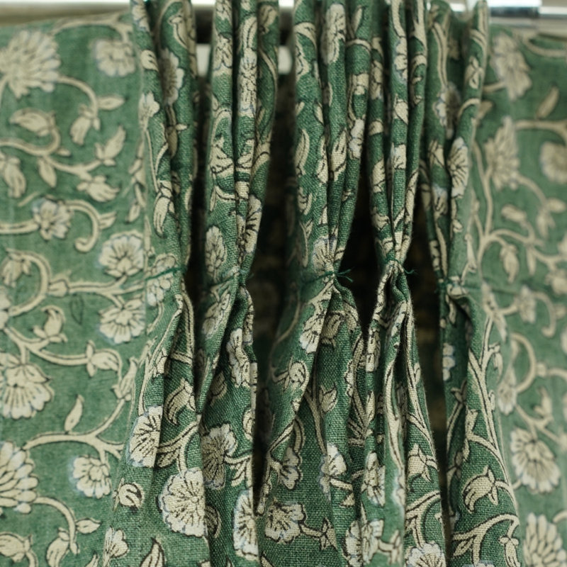 Fabdivine Pinch Pleated Curtains 27X89" – Handmade Block Print Floral Drapes, Soft Boho Linen, Blackout, Room Darkening, Living Room, Bedroom, Kitchen & Patio Décor, Himachal, Green