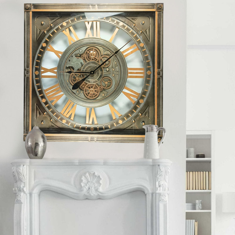 THE GEARS CLOCK Wall Clock with Real Moving Gears LU-LI_ 32 in Square SILVER-ANTIQUE