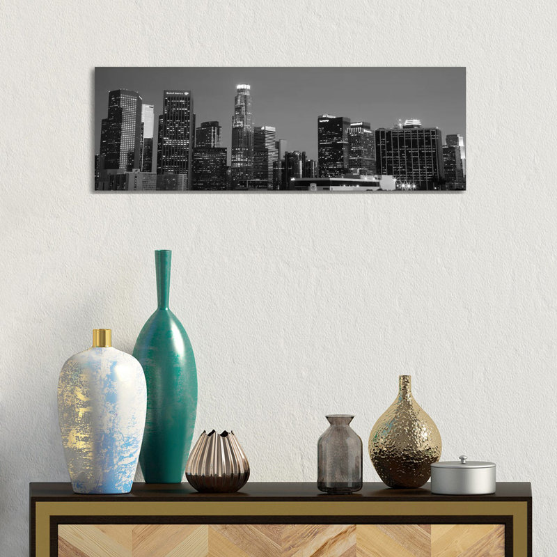 Los Angeles Skyline Cityscape (Black And White - Night) - Wrapped Canvas Panoramic Print