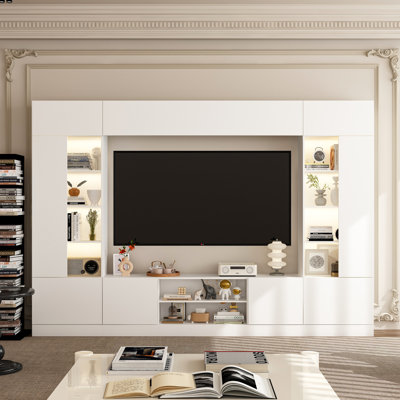 114.2" W Entertainment Centre with LED Lights, Bookcases, Cabinets, and Open Shelves