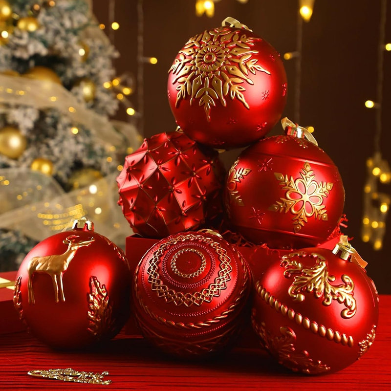 Boules de Noël rouges et dorées incassables avec motifs en relief