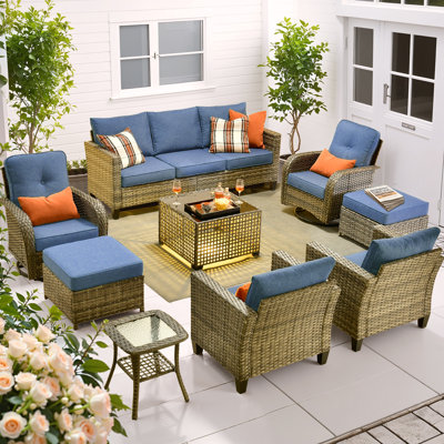 9-Piece Wicker Outdoor Seating Group with Lighted Coffee Table and Swivel Rocking Chairs,All Weather Furniture Set with Cushions