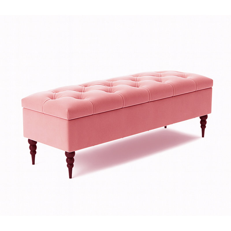 Safar Wide Tufted Rectangle Ottoman Storage Bench – Upholstery Plush Velvet Shoe Bench with Black Turned Wooden Legs, Pink