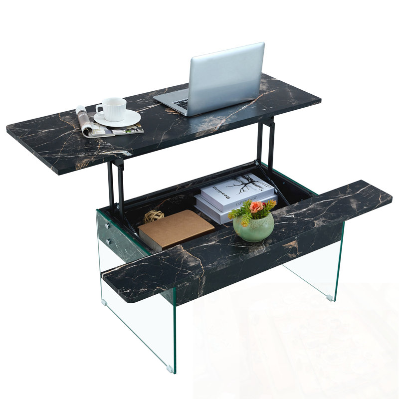 Table basse à plateau relevable avec pieds en verre robuste, Noir