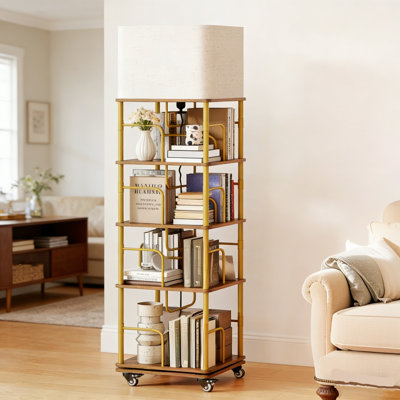 Rotating Floor Lamp Bookshelf, 16"W x 60"H, 4-Tier Gold Metal & Wood Etagere with 3-Mode Lighting & Locking Wheels