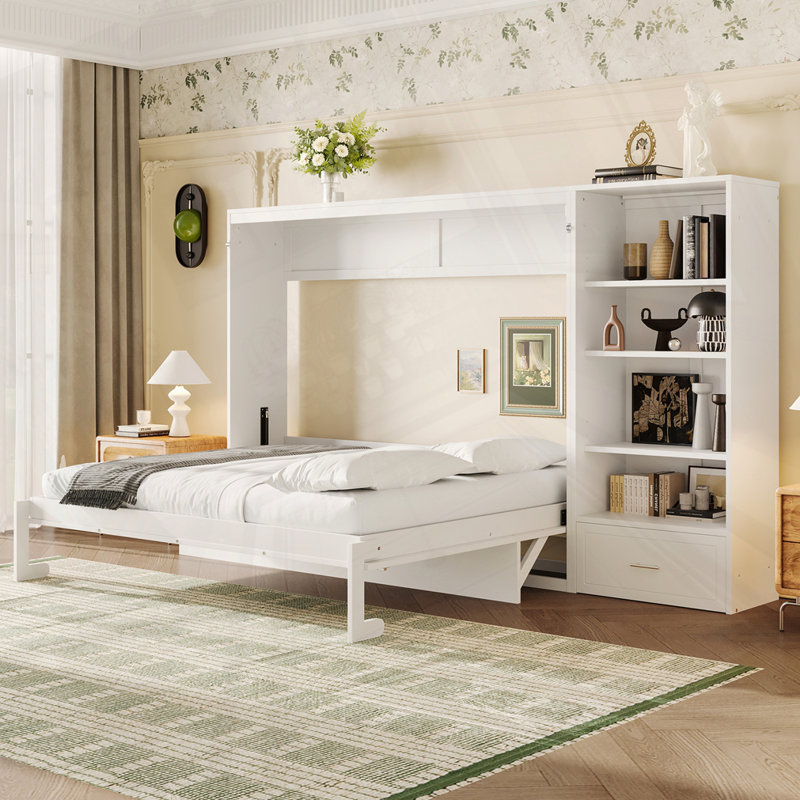 Grand lit escamotable avec compartiments de rangement à hauteur réglable et tablette, Blanc