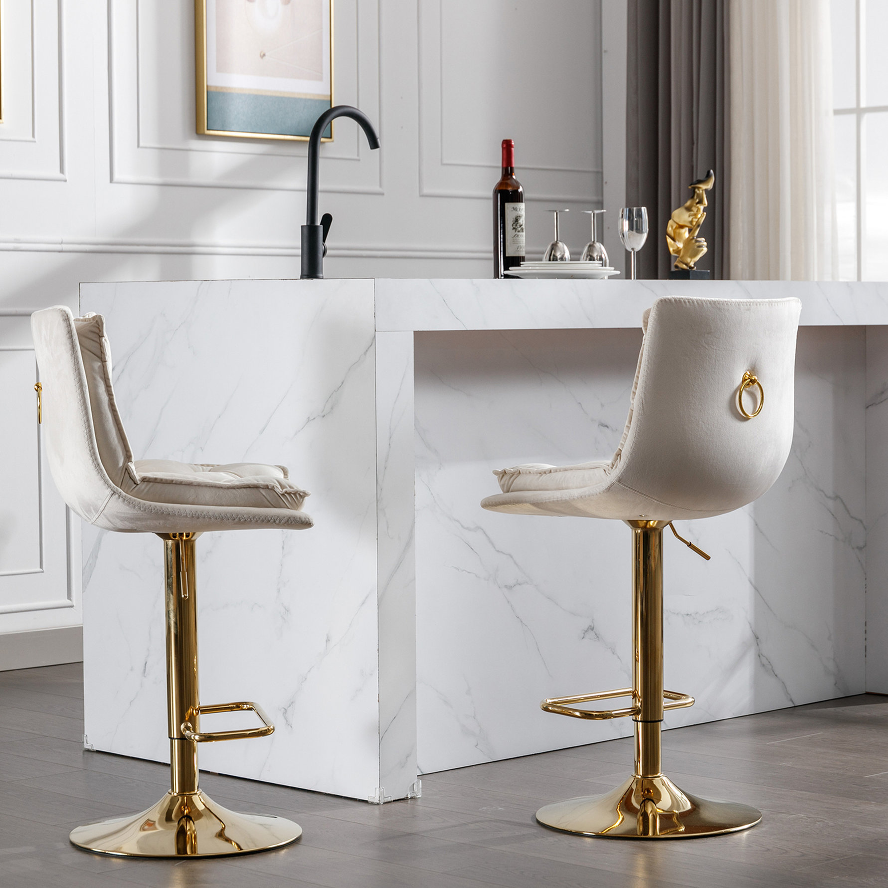 Wrought Studio™ Of 2 Bar Stools In Black Velvet, With Base And Footrest ...