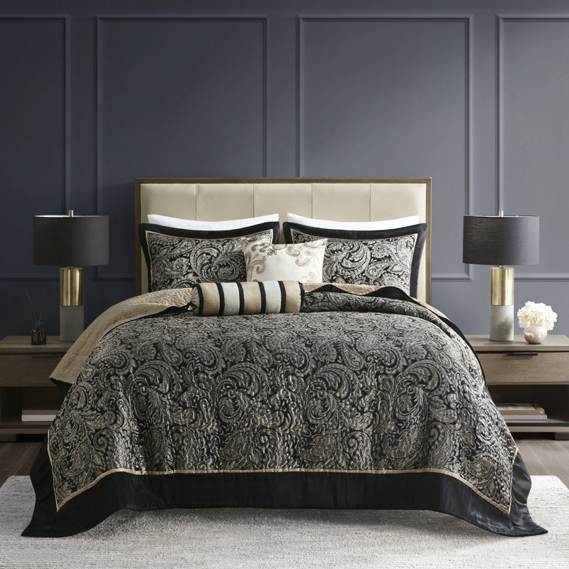 Couvre-lit 5 pièces très grand noir élégant avec coussins décoratifs, Noir