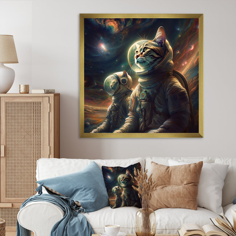 " Interstellar Space Cat ", 16" H x 16" W x 1" D, Gold Single Picture Framed