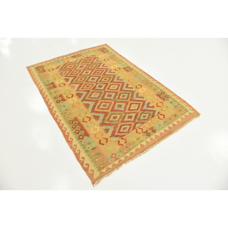 Tapis de la surface en laine rouge/beige 4 pi x 5 pi 9 po one-of-kind-noué la main Elland