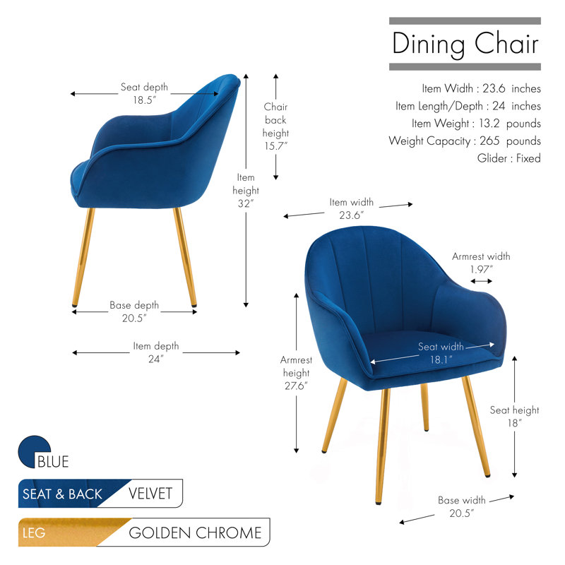 Chaise de salle à manger en velours Julian avec pieds en chrome doré, Bleu