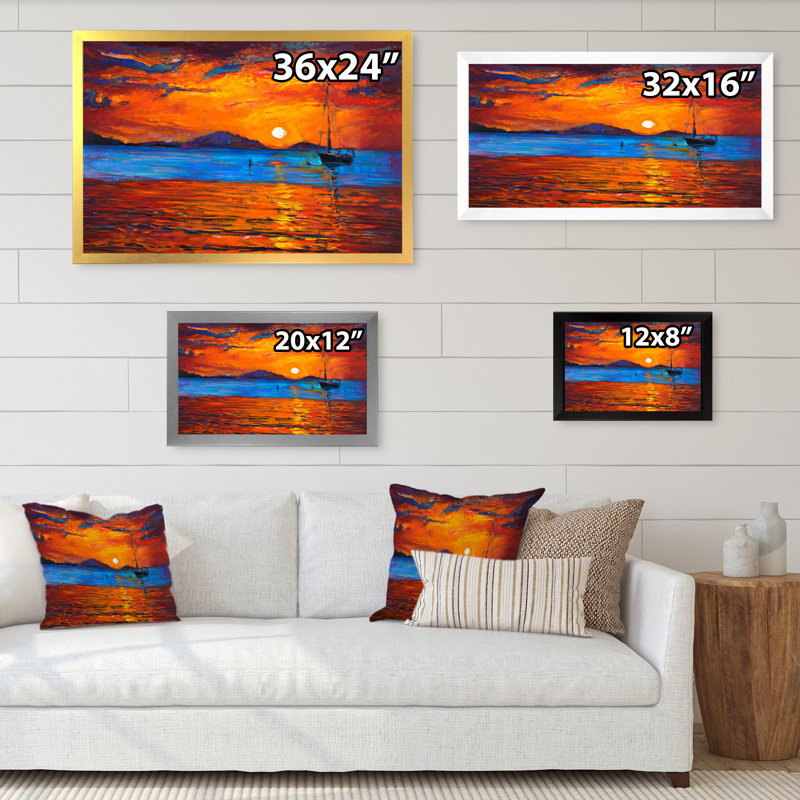 Bateau sur un coucher de soleil orange - reproduction d'art sur toile, Cadre photo noir, H 8 po x l 12 po x P 1 po