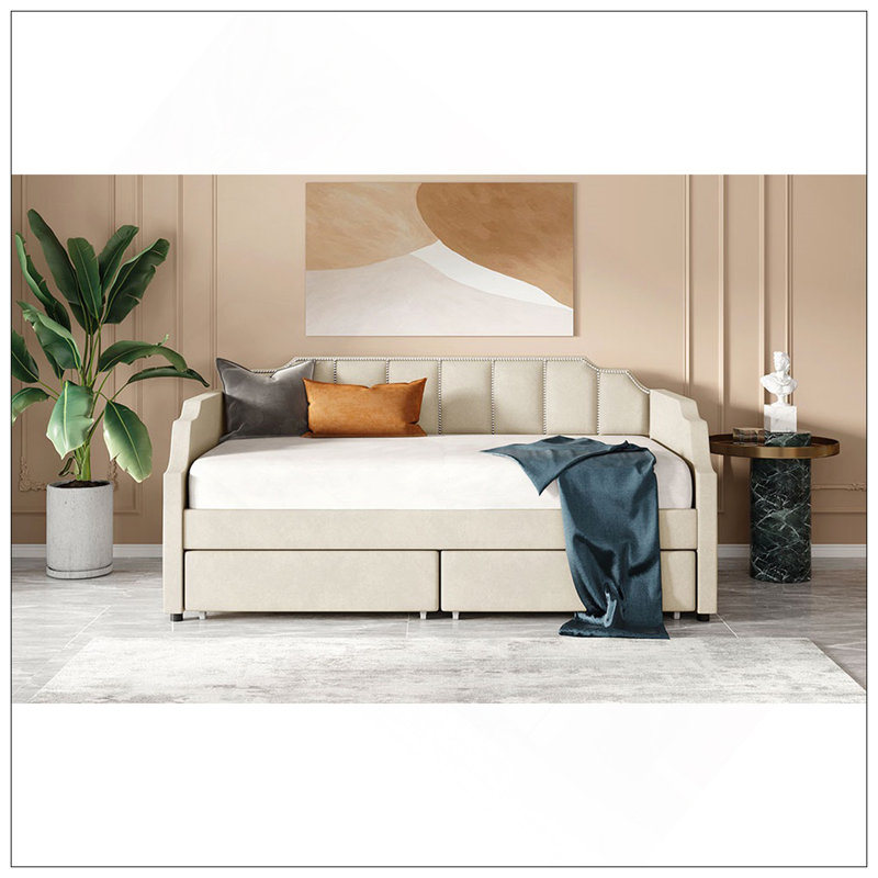Lit de jour rembourré avec tiroirs et support en lattes de bois, parfait pour le rangement et pour la décoration intérieure élégante