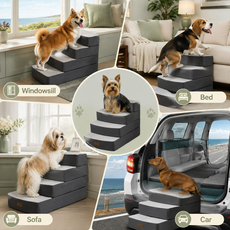 Escalier pliable et réglable à 4 marches gris pour animaux de compagnie, idéal pour les lits ; marches intérieures antidérapantes pour permettre aux petits chiens et chats de monter sur les lits.