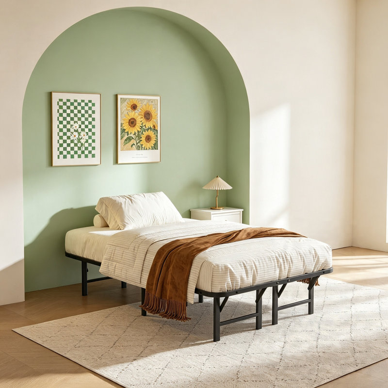 Structure de lit simple 16 po, lit pliant réglable en métal extensible sans sommier, rangement sous le lit, assemblage facile, sommier, noir