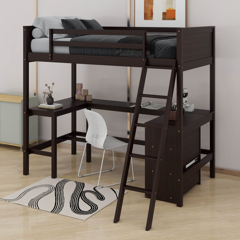 Lit mezzanine simple avec tablettes et bureau, Espresso