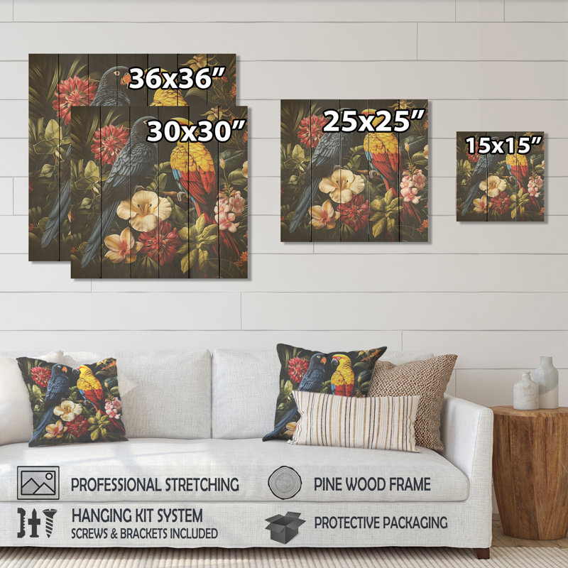 Perroquets tropicaux jaunes et bleus - perroquet sur bois, H 25 po x l 25 po
