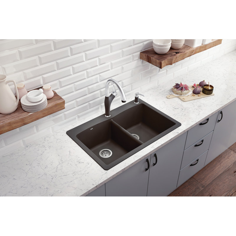 Diamond SILGRANIT 33" L x 22" W Double Bowl Drop-In/Undermount Kitchen Sink, Cinder
