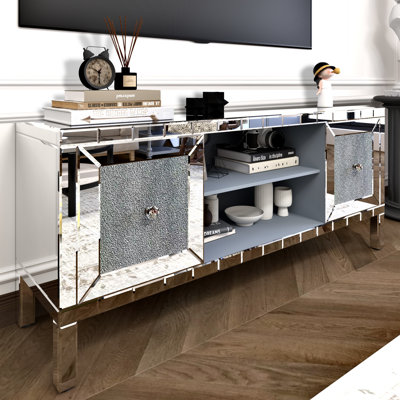 Alan Mirrored TV Stand with Crushed Diamond Doors & Adjustable Shelves