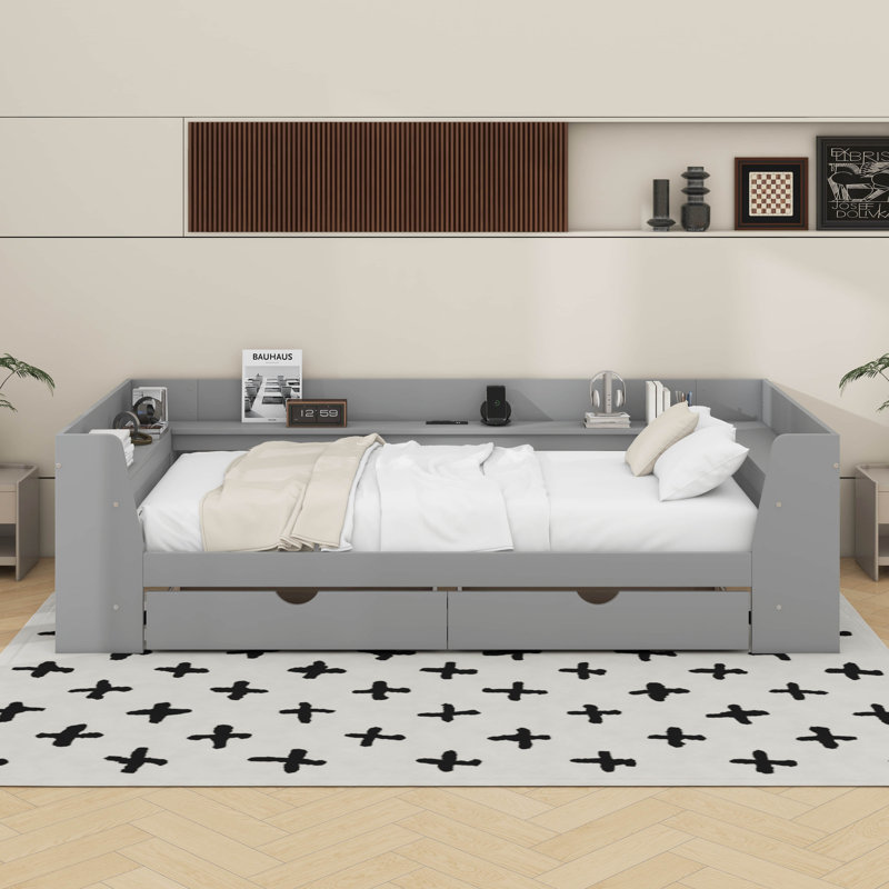 Lit de jour simple avec tiroirs, tablettes et station de charge, Gris