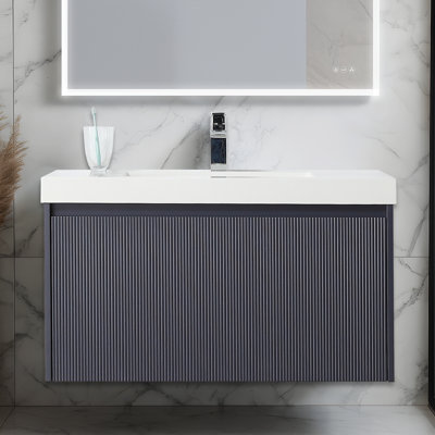 Lovold 36" Floating Bathroom Vanity with Acrylic Sink – Wall-Mounted Wood Cabinet with Fluted Front, Soft-Close Drawers & Modern Design