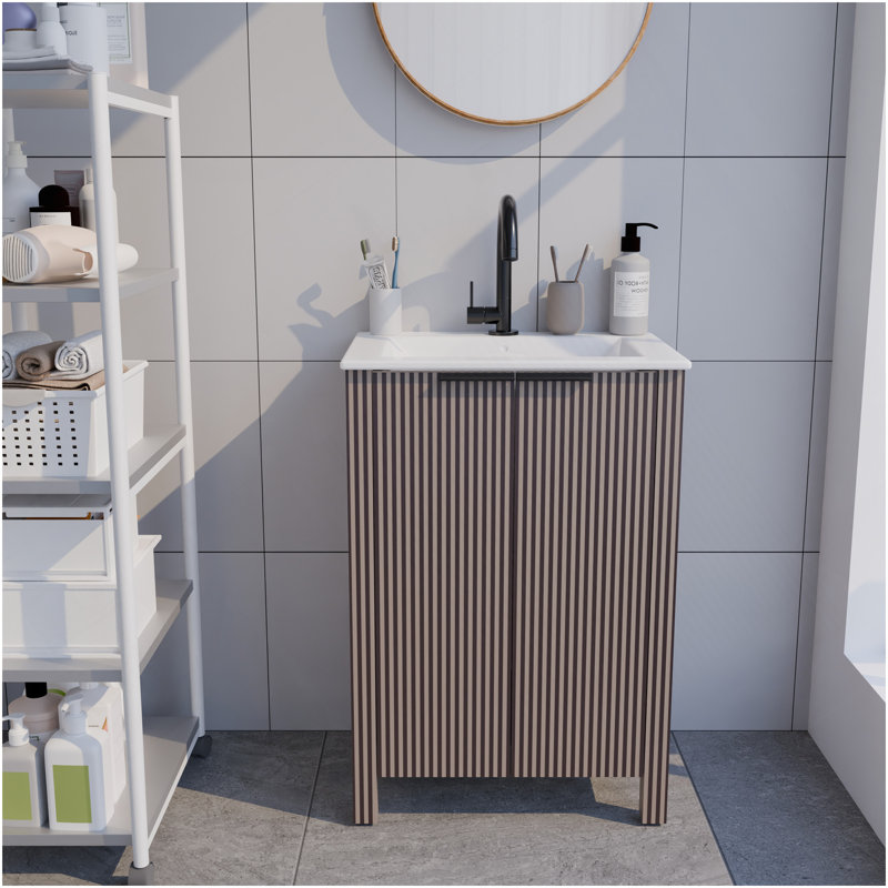 A 30-Inch Brown Floor-Standing Bathroom Cabinet, Paired With A White Ceramic Basin, Is Foldable And Easy To Transport., 30"