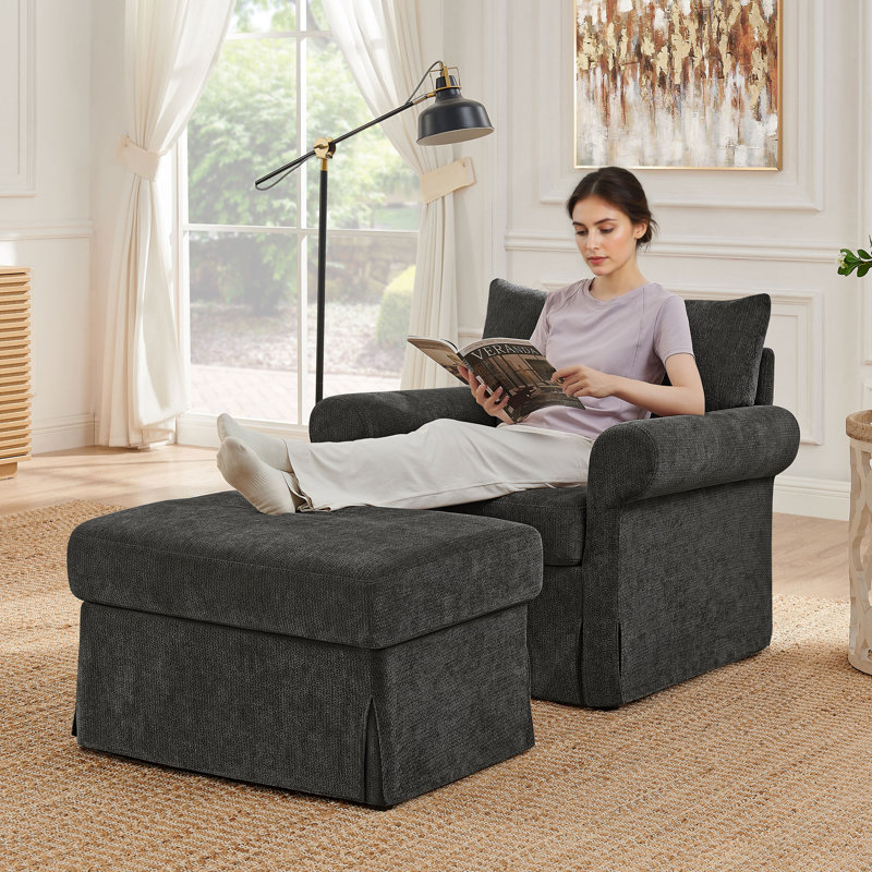 Chaise d'appoint rembourrée avec repose-pieds en chenille, Gris