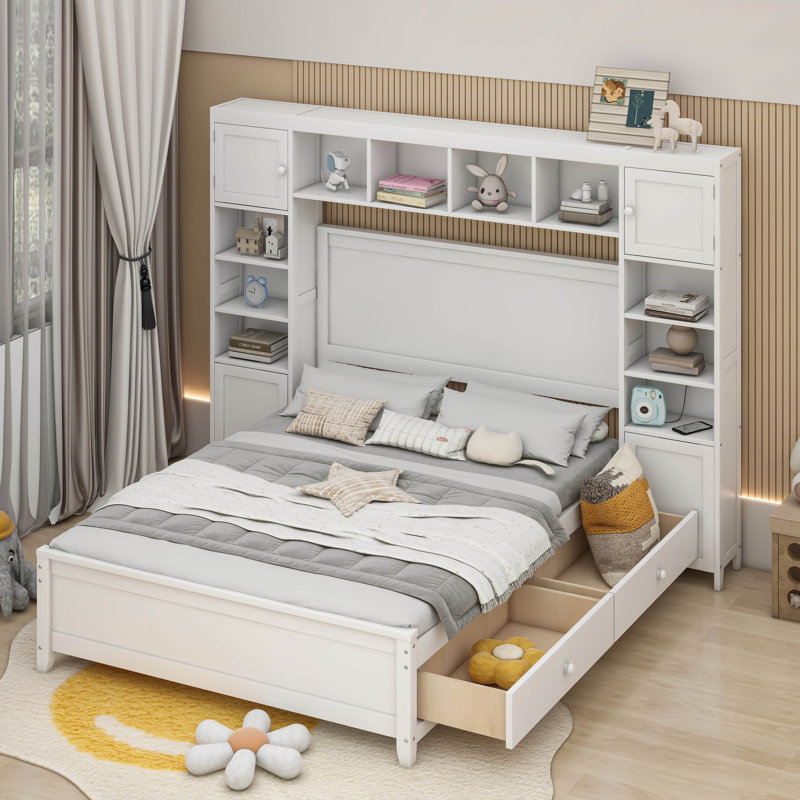 Lit plateforme double avec rangement double, Blanc