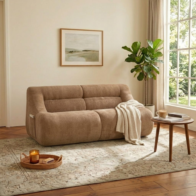 Causeuse en chenille avec siège profond et poche latérale pour salon, chambre à coucher et appartement, Brun
