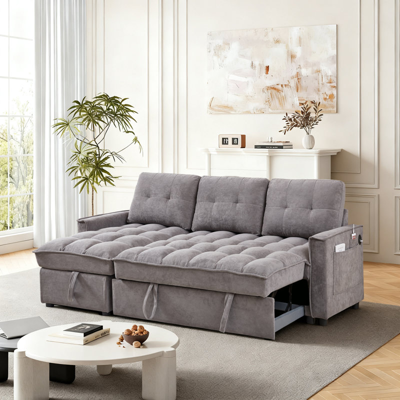Canapé-lit en L coulissant, canapé-lit moderne avec méridienne réversible avec rangement, canapé-lit modulaire capitonné en velours avec ports USB et poches latérales pour le salon, la chambre à coucher