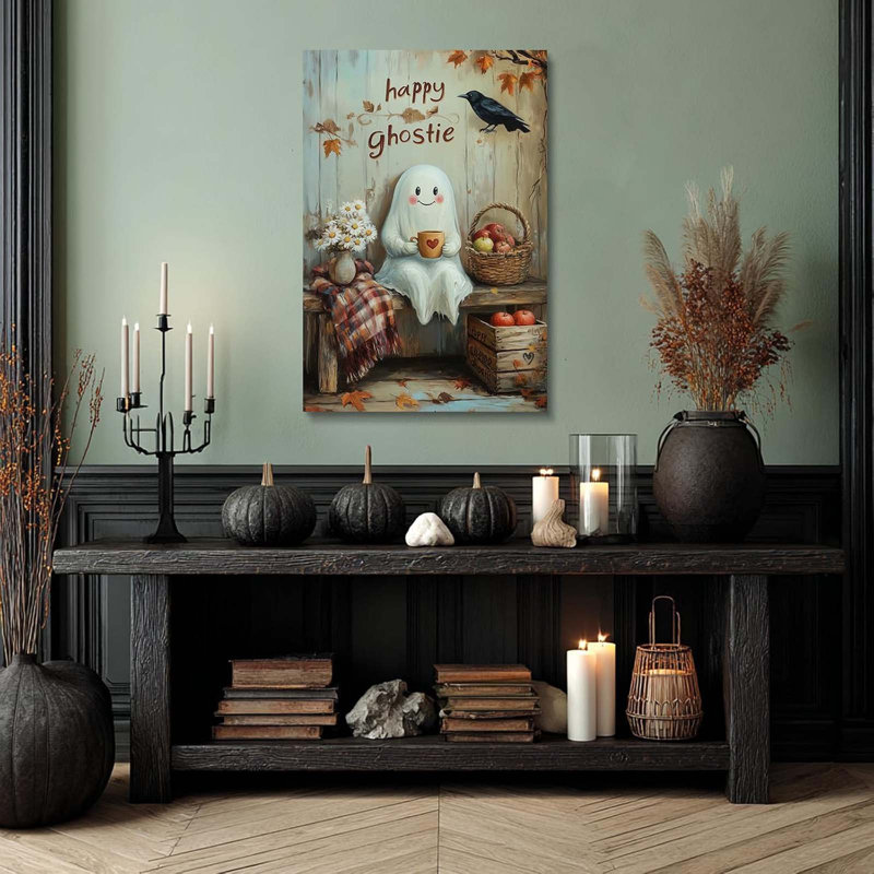 Cute Ghost Drinking Coffee Fall Halloween Canvas Wall Art 40x60cm