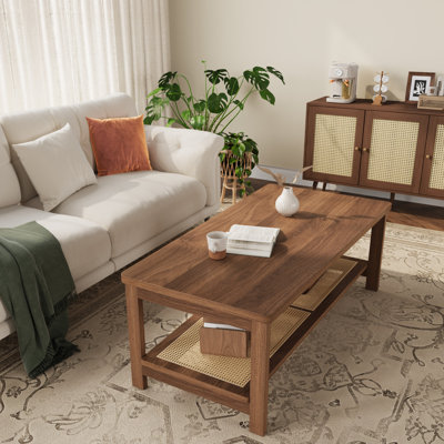 39.4" Boho Coffee Table, 2-Tier Center Table with Open Rattan Storage Shelf, Accent Square Coffee Table for Living Room, Small Apartment, Brown