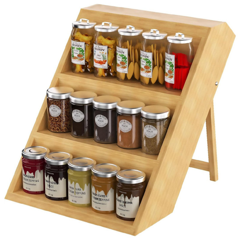 Étagère à épices en bambou et organisateur - étagère à épices de comptoir à 3 niveaux pour tiroir de cuisine, armoire et comptoir - organisateur d'assaisonnement en bois peu encombrant
