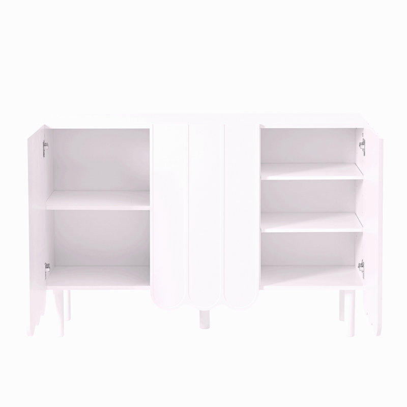 Cream Style Minimalist Shoe Cabinet With 5 Solid Wood Legs, Sideboard Buffet Cabinet With Adjustable Shelves, Large Storage Cabinet With Wave Doors For Living Room